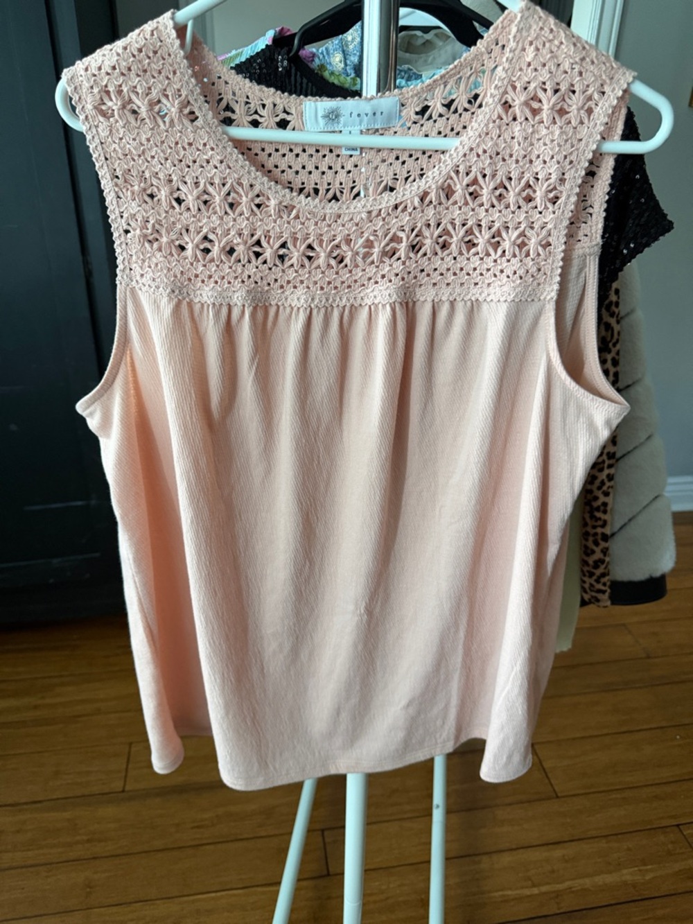 Fever Blush Pink Crochet Yoke Tank Top
